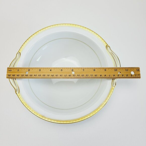 Noritake Richmond 10" Round Serving Bowl with Handle White Base Gold Etched Band - Picture 9 of 11